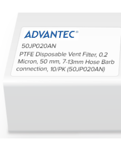 PTFE Disposable Vent Filter, 0.2 Micron, 50mm, 7-13mm Hose Barb, 10/PK